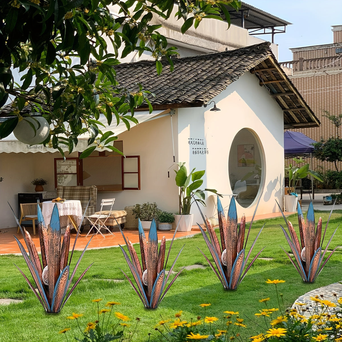 Metal Agave Solar Garden Lights Set of 2 (Large & Small) – Auto Dusk-to-Dawn Outdoor Stake Lights for Lawn, Courtyard, Garden & Patio Decor, 8 Color Options