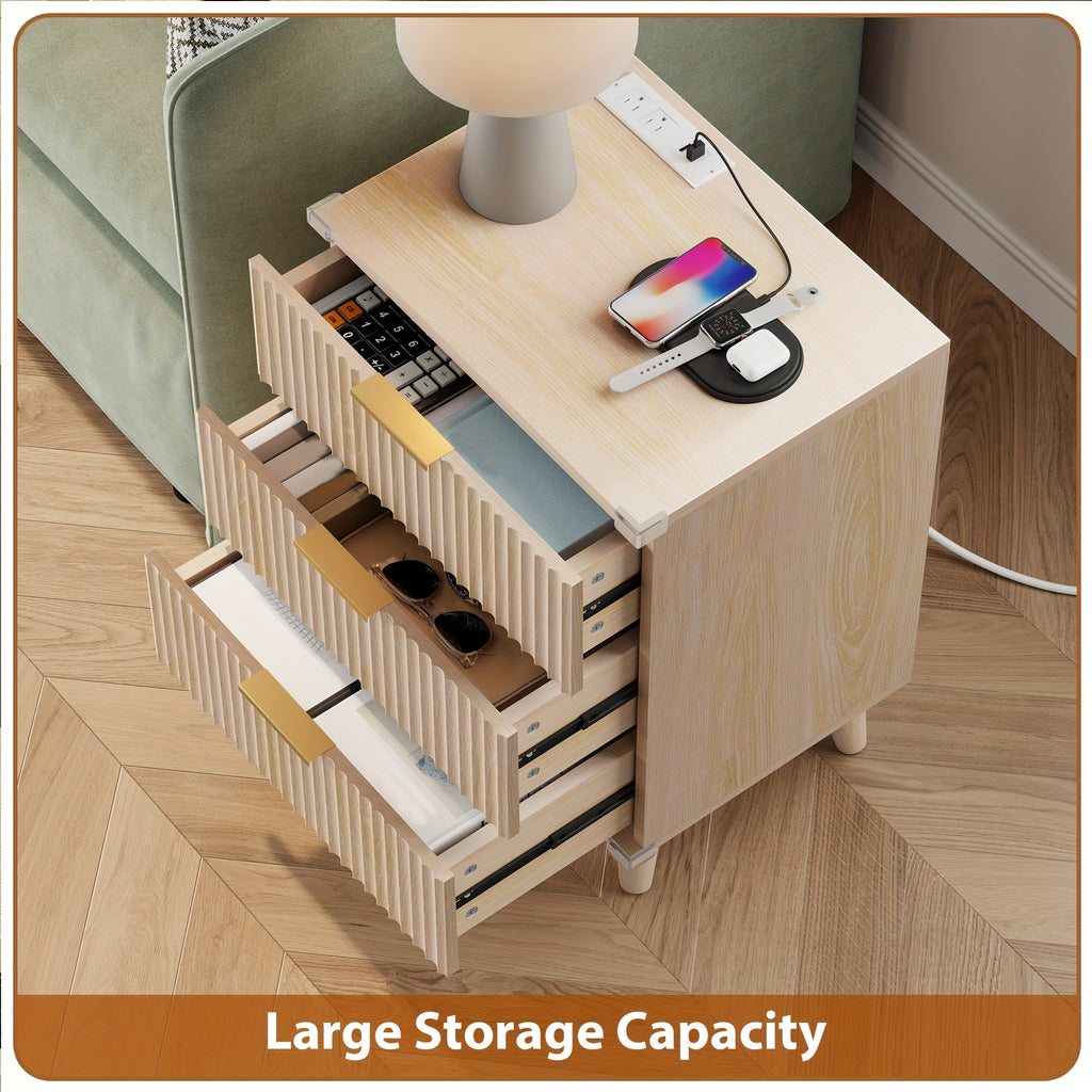 Nightstand with Charging Station – 3-Drawer Bedside Table with 2 USB Ports & 2 AC Outlets, Small Bedroom Side Table | Set of 1 or 2 | Wood, Black, White, Brown