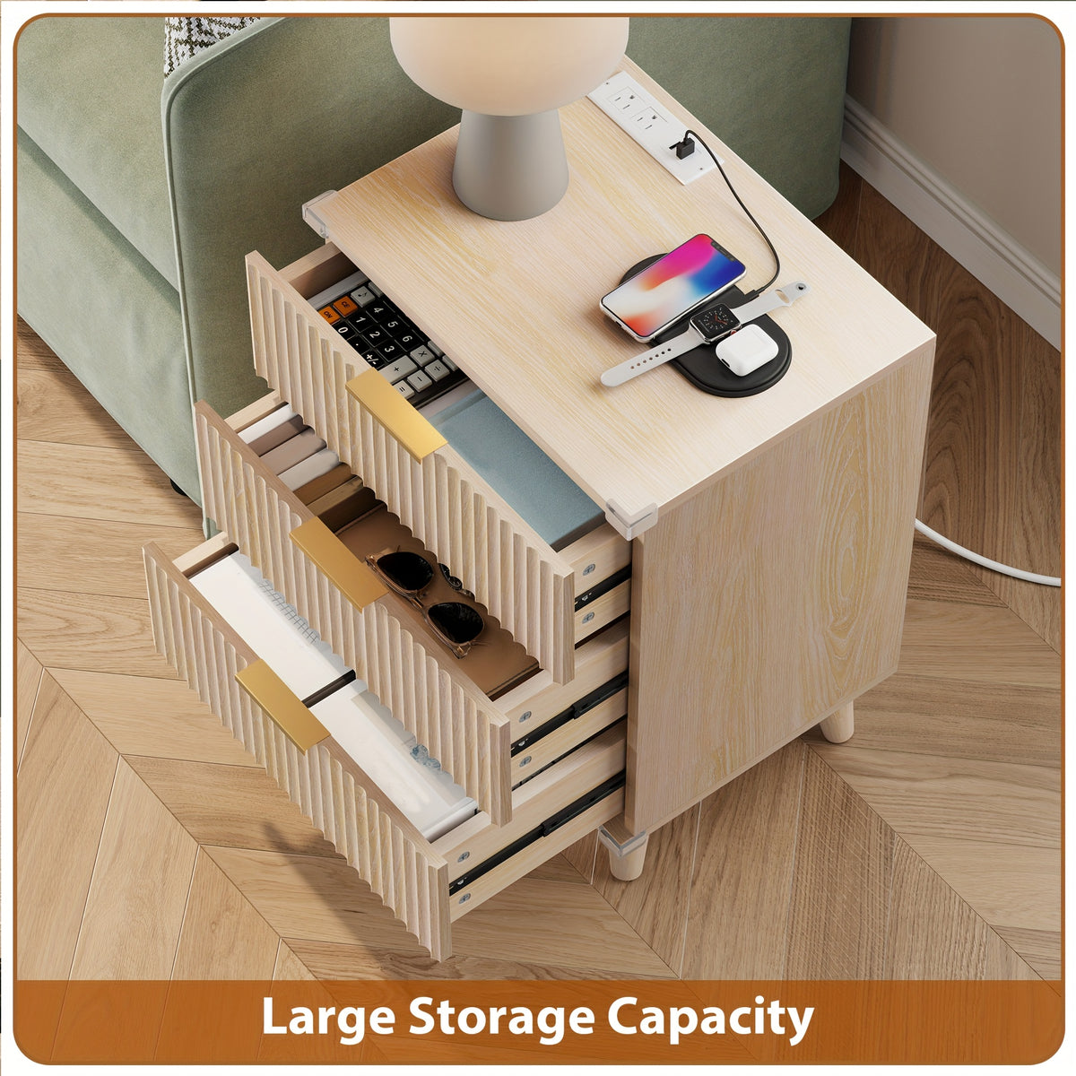 Nightstand with Charging Station – 3-Drawer Bedside Table with 2 USB Ports & 2 AC Outlets, Small Bedroom Side Table | Set of 1 or 2 | Wood, Black, White, Brown