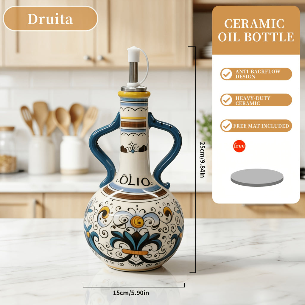 Hand-Painted Ceramic Oil & Vinegar Dispenser Set, Anti-Drip Leak-Proof Underglaze Kitchen Condiment Bottles with Oil Spout & Foot Pad, Artisan Table Serveware, Great Housewarming Gift