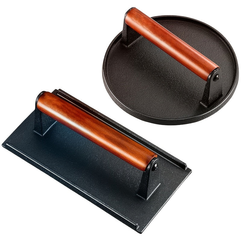 Cast Iron Burger Press Kit Round & Rectangular with Wooden Handle – 2-Piece Heavy-Duty Smash Burger Press for Grilling, BBQ, Sandwiches, Camping & Family Cookouts