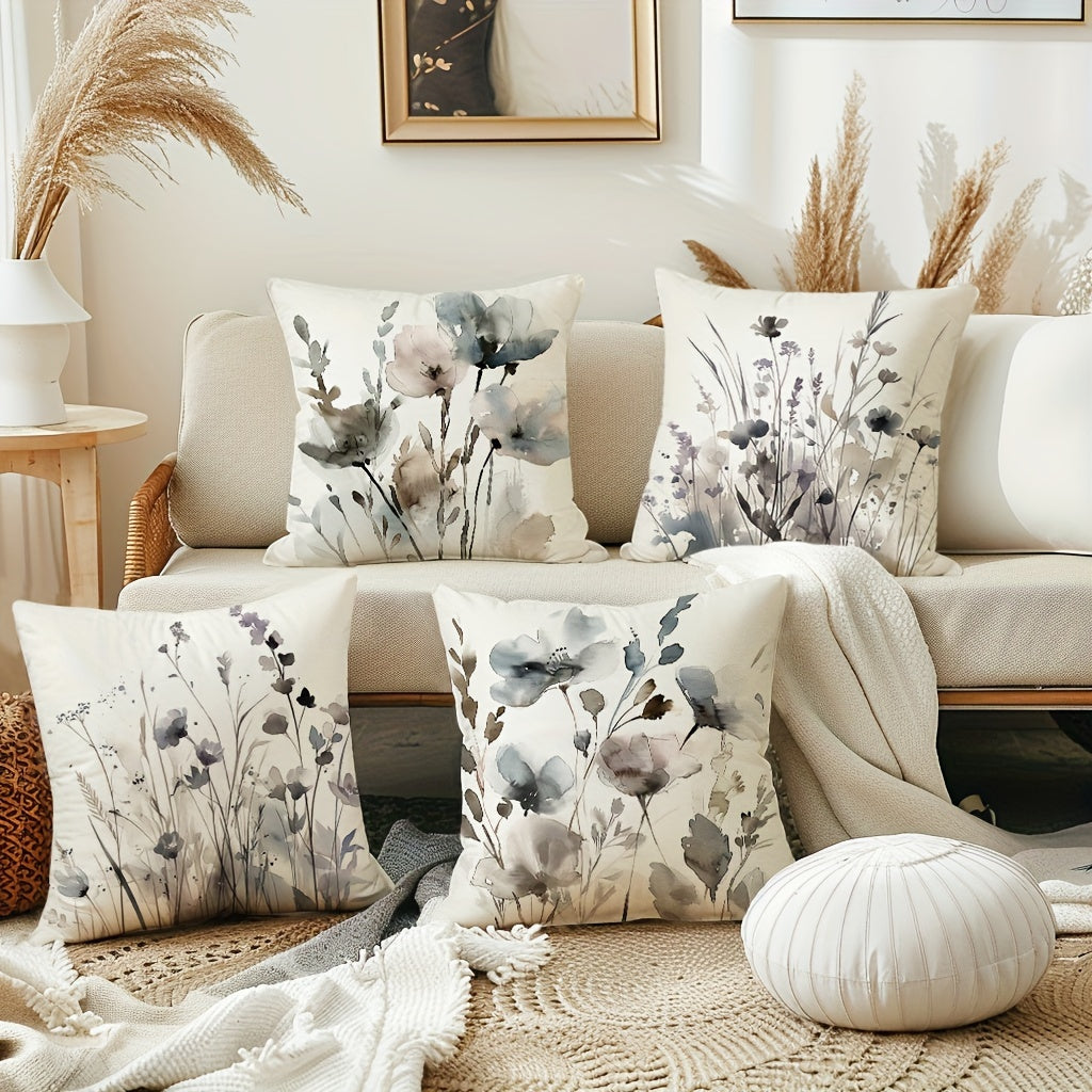 4-Piece Boho Poppy Flower Throw Pillow Covers Watercolor Chinoiserie Floral Soft Tones Decorative Cushion Covers 18x18 Inch Sofa Bedroom Office Car Farmhouse No Insert