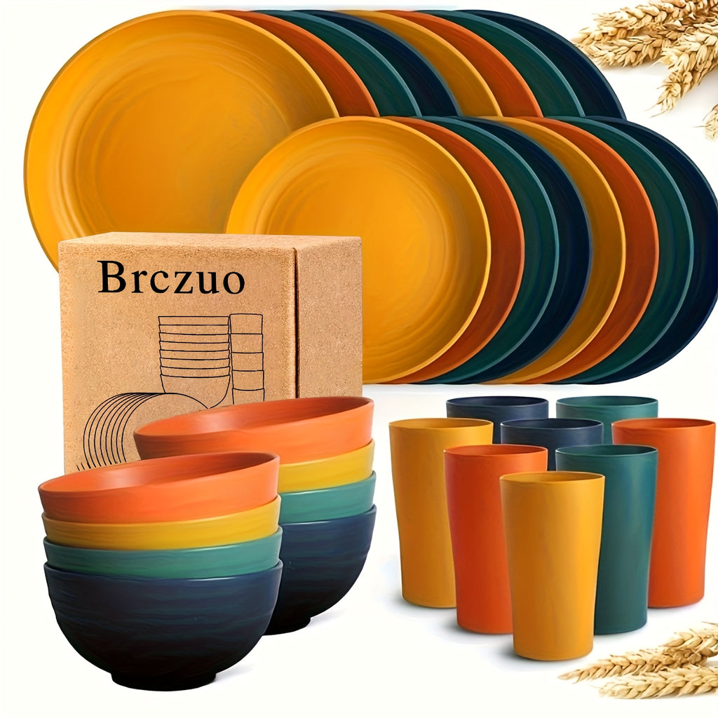 32-Piece Wheat Straw Dinnerware Set for 8 – Unbreakable Plastic Plates, Dessert Plates, Bowls & Cups for Outdoor Camping, Halloween & Weddings – Colorful, BPA-Free Tableware