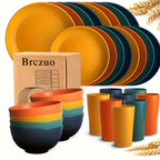 32-Piece Wheat Straw Dinnerware Set for 8 – Unbreakable Plastic Plates, Dessert Plates, Bowls & Cups for Outdoor Camping, Halloween & Weddings – Colorful, BPA-Free Tableware