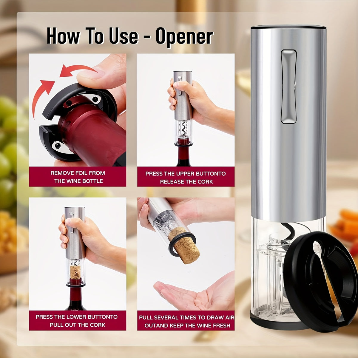 Electric Wine Opener Set 7-Piece Automatic Rechargeable Corkscrew with Wine Aerator Vacuum Stopper Foil Cutter USB Charging