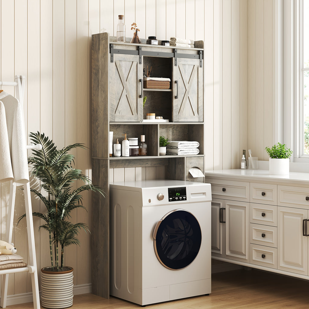 Farmhouse Over Toilet Cabinet with Sliding Doors Engineered Wood Adjustable Shelf Toilet Paper Holder Stand Space Saving Bathroom Storage No Wall Mount Multiple Colors