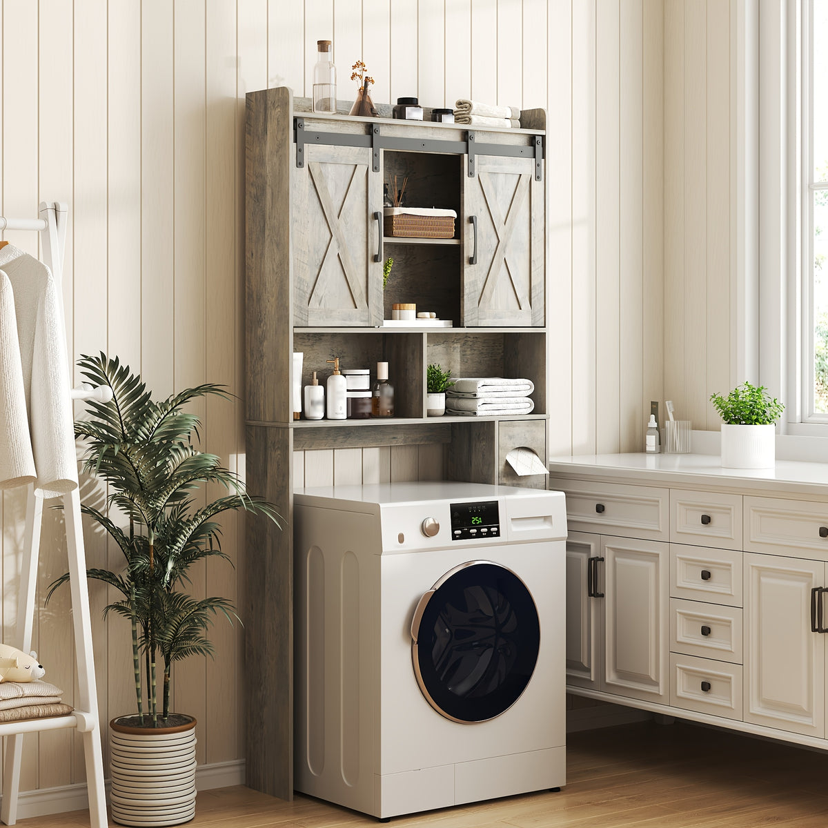 Farmhouse Over Toilet Cabinet with Sliding Doors Engineered Wood Adjustable Shelf Toilet Paper Holder Stand Space Saving Bathroom Storage No Wall Mount Multiple Colors
