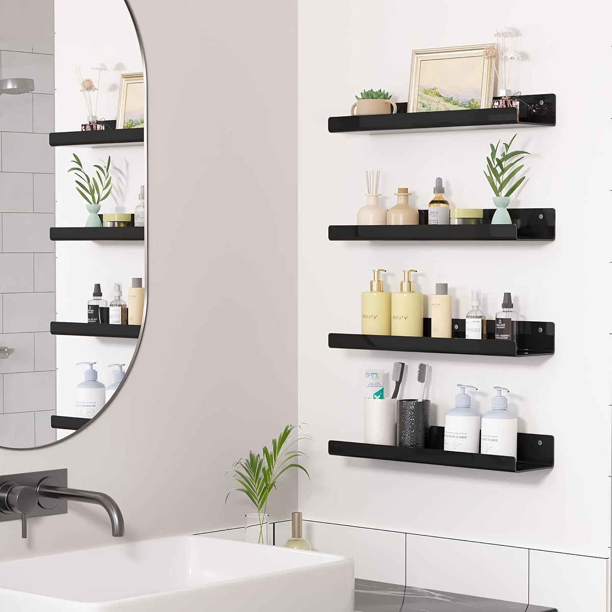 Floating Shelves Set of 4 Wall Mounted Shelves – Picture Ledge Display Shelf for Living Room, Bedroom, Bathroom, Kitchen & Home Office – Decorative Wall Shelves in White, Black, Grey & Pink
