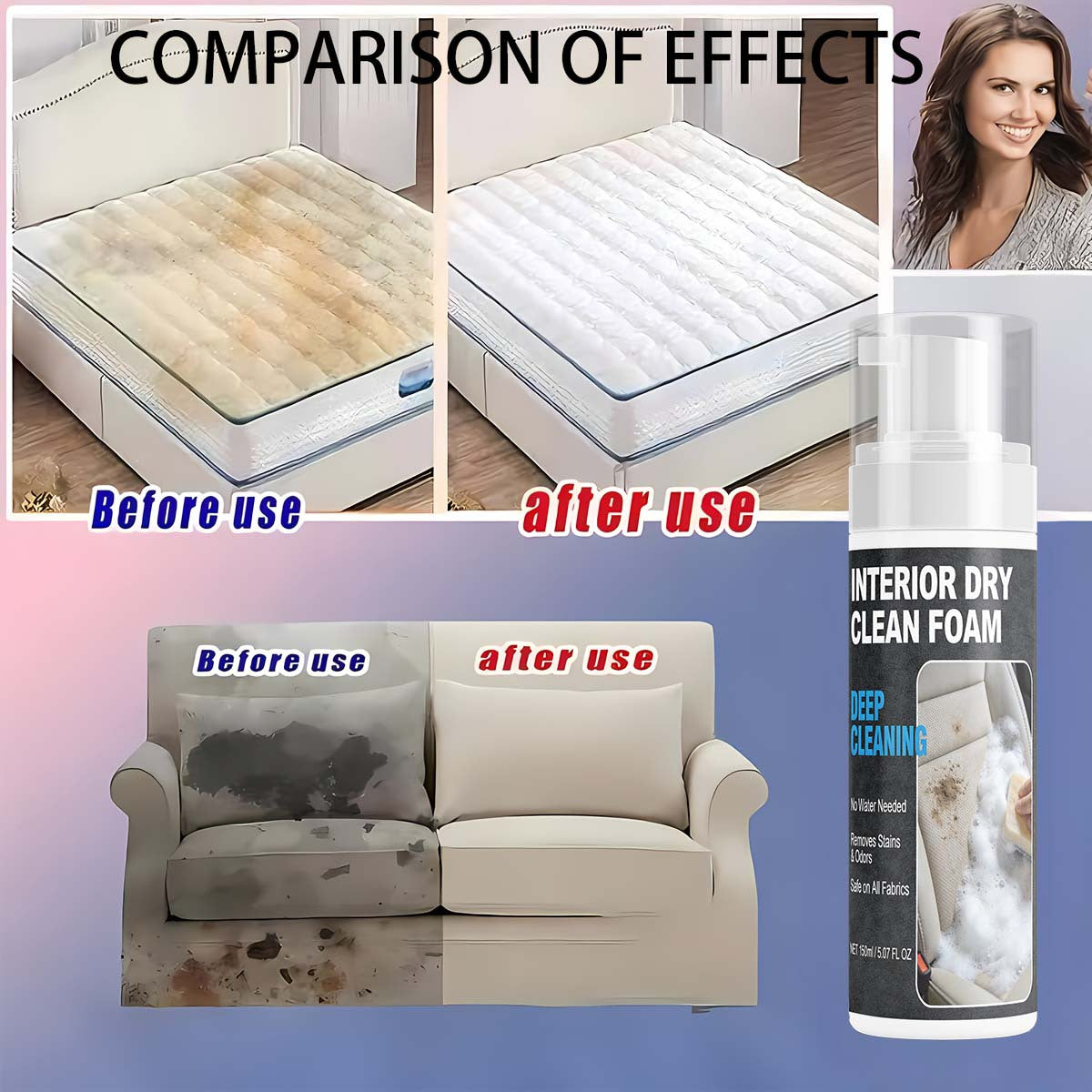 No-Water Fabric & Upholstery Stain Remover 150ml – Safe Dry Cleaner for Sofas, Mattresses, Carpets, Clothing & Curtains, Powerfully Breaks Down Stains, No Rinse Needed, Easy to Use