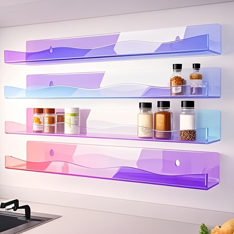 Iridescent Acrylic Floating Shelves 2 or 4 Pack – Colorful Wall Mounted Storage Rack for Nail Polish, Cosmetics & Sundries, Art Deco Home, Office, Bathroom & Nail Salon Decor, Macaron, Pink or Clear