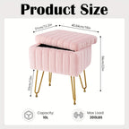 Vanity Chair with Storage PU Leather Makeup Stool Shoe Changing Ottoman Dual Purpose Seat 4 Gold Metal Legs Bedroom Living Room Study Cream White Black Pink Purple