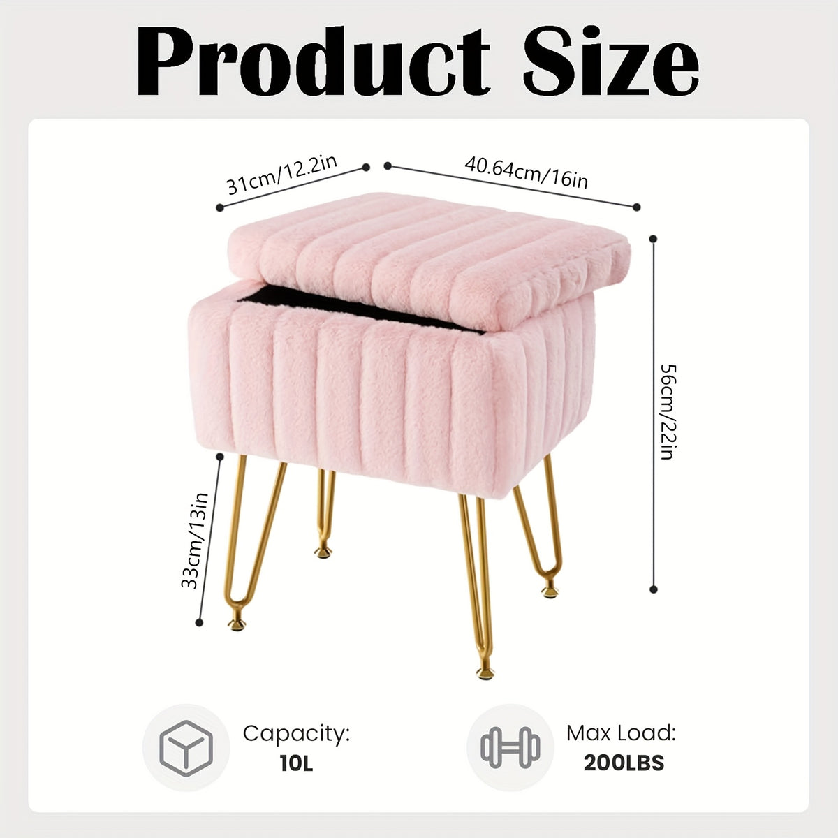 Vanity Chair with Storage PU Leather Makeup Stool Shoe Changing Ottoman Dual Purpose Seat 4 Gold Metal Legs Bedroom Living Room Study Cream White Black Pink Purple