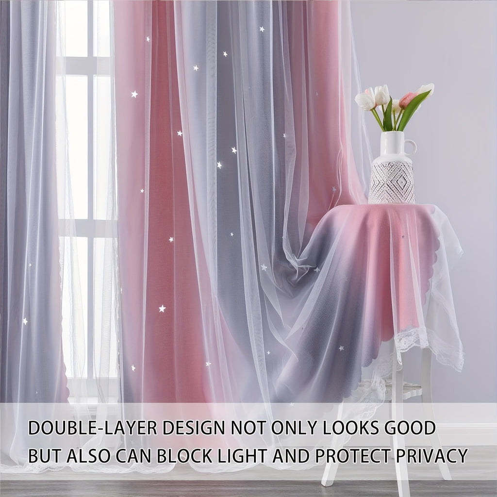 Double Layer Sheer & Blackout Curtains – Elegant Romantic Window Panels for Living Room & Bedroom, Heat Insulation, Pink Yellow Blue | W34–W51 x H63–H84 in | Nuvia Haven