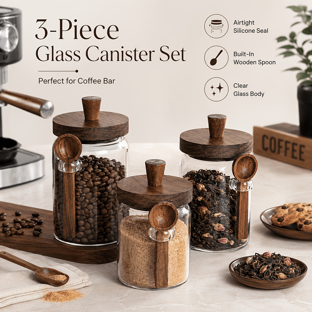 Airtight Glass Canisters Set of 3 with Spoon - Leak-Proof Kitchen Storage Jars for Coffee, Sugar, Flour & Tea, Round Glass Jars with Dark Brown Lids for Pantry & Countertop