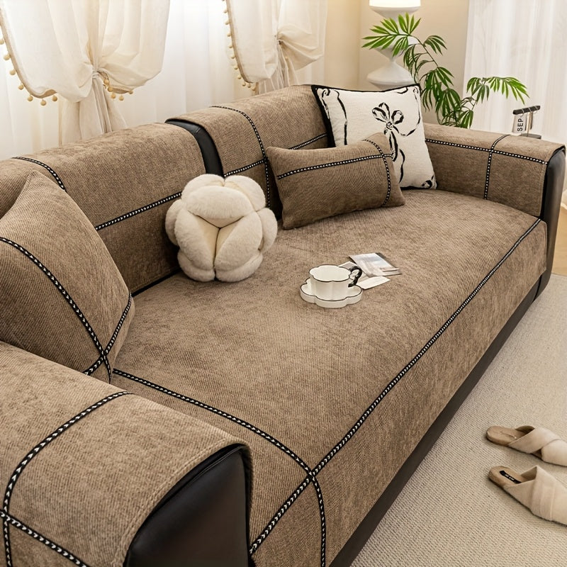 Chenille Sofa Seat Cover Non-Slip Pet Friendly Machine Washable All Season - Sofa Cushion Cover with Lace Belt for 1 2 3 4 Seater Armrest Backrest 3 Colors