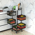5-Tier Rotating Kitchen Storage Basket on Wheels Metal Fruit Vegetable Rack Rolling Floor Standing Trolley for Kitchen Bathroom Square Black White