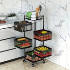 5-Tier Rotating Kitchen Storage Basket on Wheels Metal Fruit Vegetable Rack Rolling Floor Standing Trolley for Kitchen Bathroom Square Black White