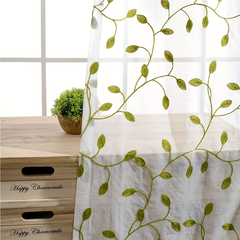 Ivy Leaf Embroidery Sheer Curtains Set of 2, White Gauze Green Botanical Rod Pocket Panels for Living Room Bedroom, 3 Sizes