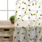 Ivy Leaf Embroidery Sheer Curtains Set of 2, White Gauze Green Botanical Rod Pocket Panels for Living Room Bedroom, 3 Sizes