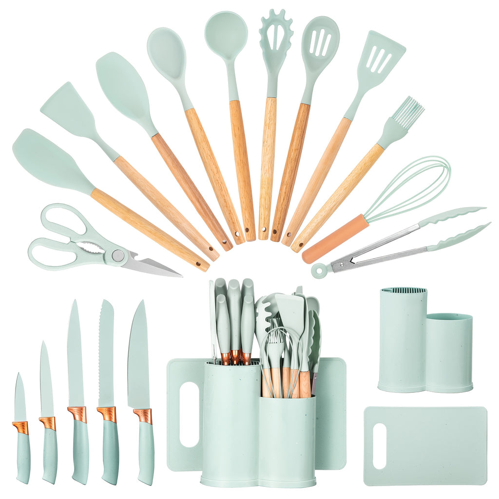 19-Piece Kitchen Knife & Utensil Set with Block – Silicone Cooking Tools, Wooden Handles, Stainless Steel Knives, Cutting Board & Scissors | All-in-One Kitchen Starter Set for Home, Dorm & Housewarming Gift