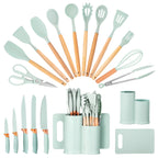 19-Piece Kitchen Knife & Utensil Set with Block – Silicone Cooking Tools, Wooden Handles, Stainless Steel Knives, Cutting Board & Scissors | All-in-One Kitchen Starter Set for Home, Dorm & Housewarming Gift
