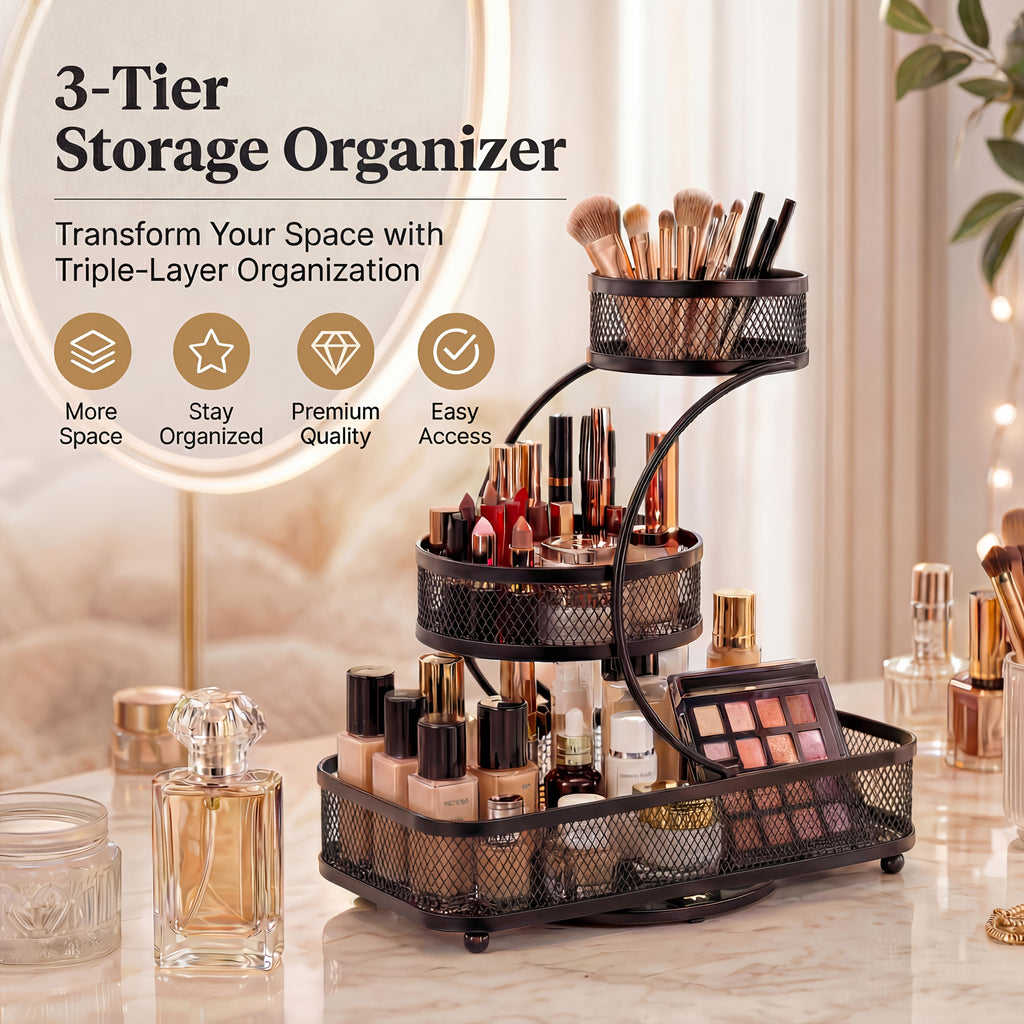 3-Tier Metal Mesh Countertop Storage Rack with Hooks, Space-Saving Organizer for Bathroom & Kitchen – Heavy-Duty Cosmetic, Perfume & Toiletry Display Stand, Black or White, Mini Available