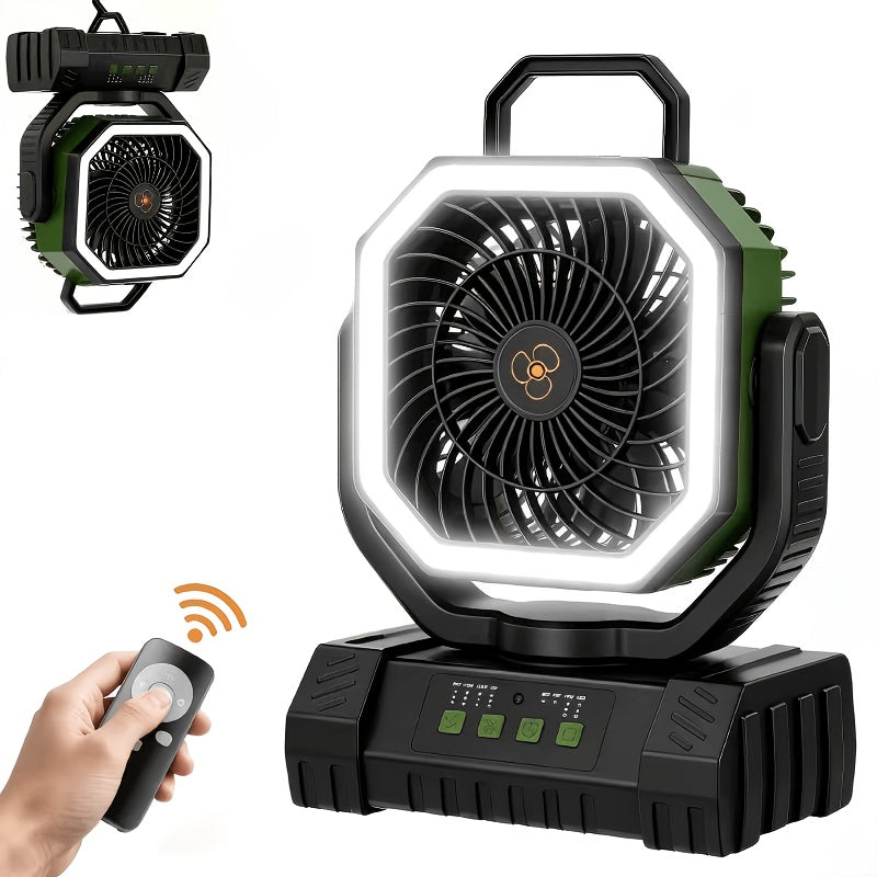 Camping Fan 20000mAh Rechargeable with LED Light, Remote Control, 270° Oscillation & Power Bank – 4 Speeds, 59-Hour Battery, 3 Use Modes