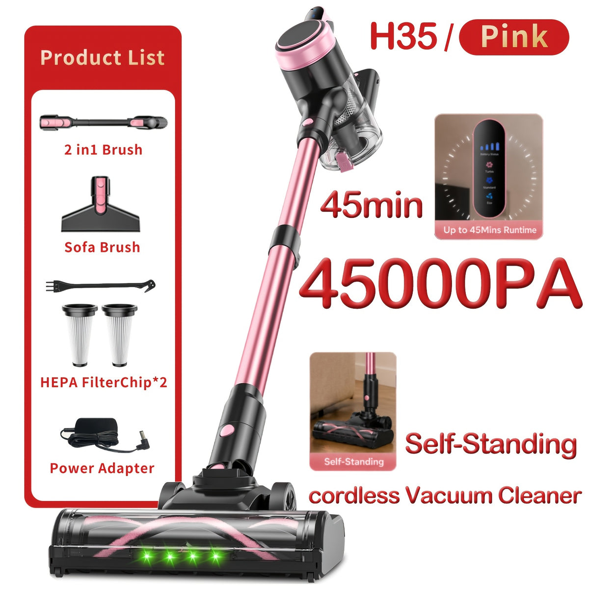45KPA Cordless Vacuum Cleaner 8-in-1 Lightweight Stick Vacuum Green Light Anti-Tangle Floor Brush for Carpet Pet Hair Tile Hardwood 4 Colors