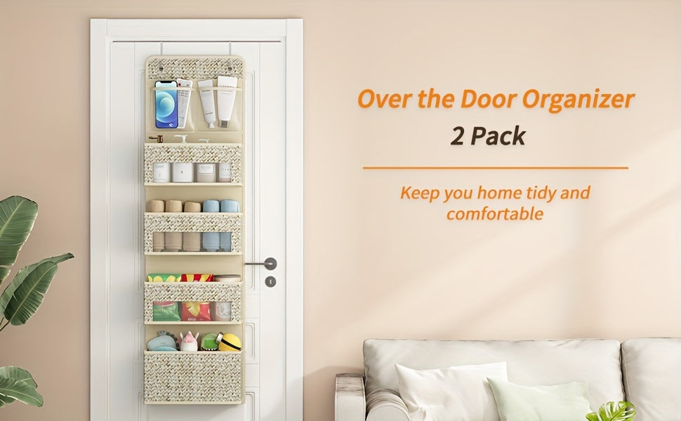 Over-The-Door Hanging Organizer – Set of 2, 5-Shelf with 4 Clear Plastic Pockets, Beige Utility Rack for Closet, Bedroom & Bathroom Storage