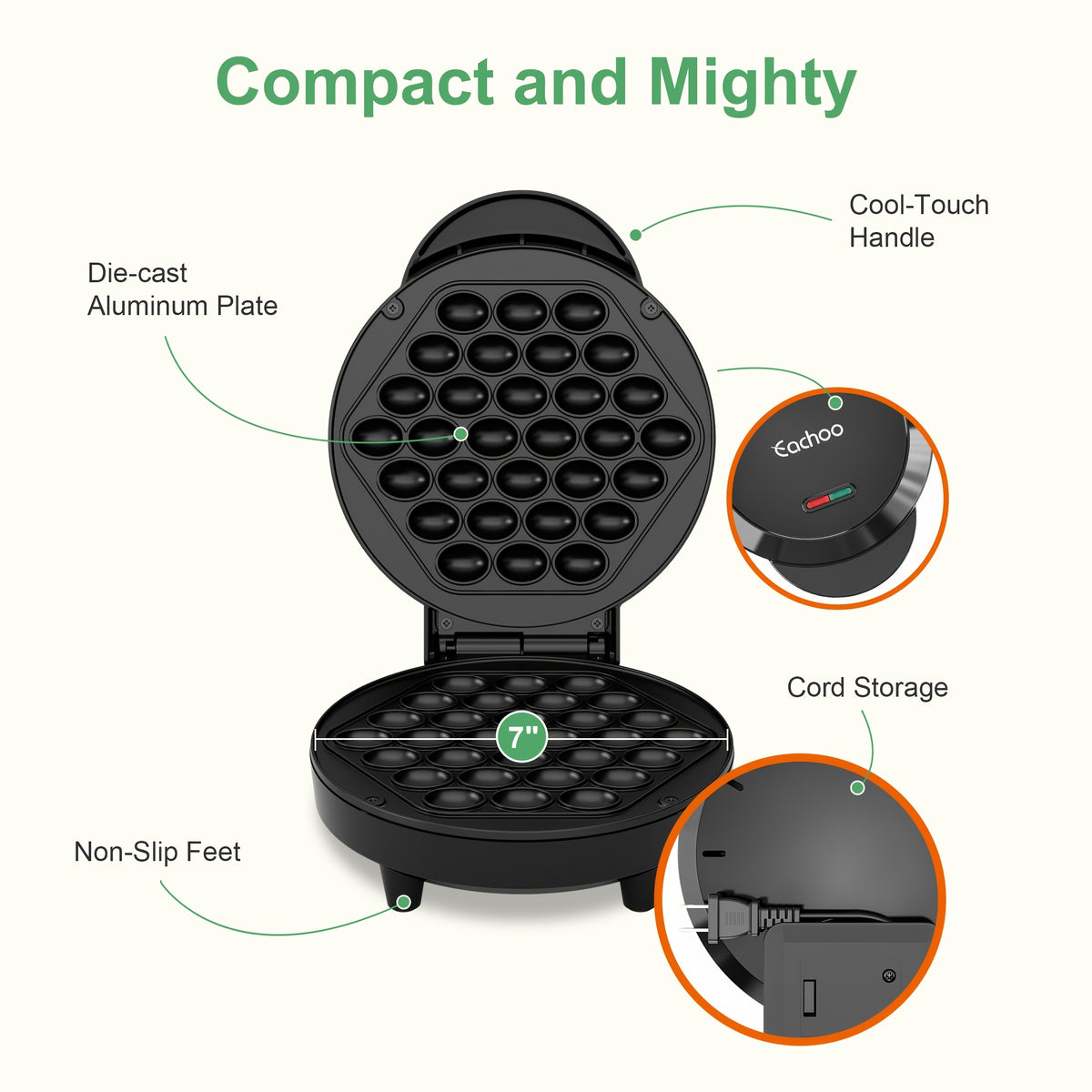 Bubble Waffle Maker 7-Inch 1000W | Hong Kong Egg Waffle Electric Grill with Nonstick Coating | Ready in 5 Mins for Breakfast, Desserts & Ice Cream Cones | Christmas Gift Idea