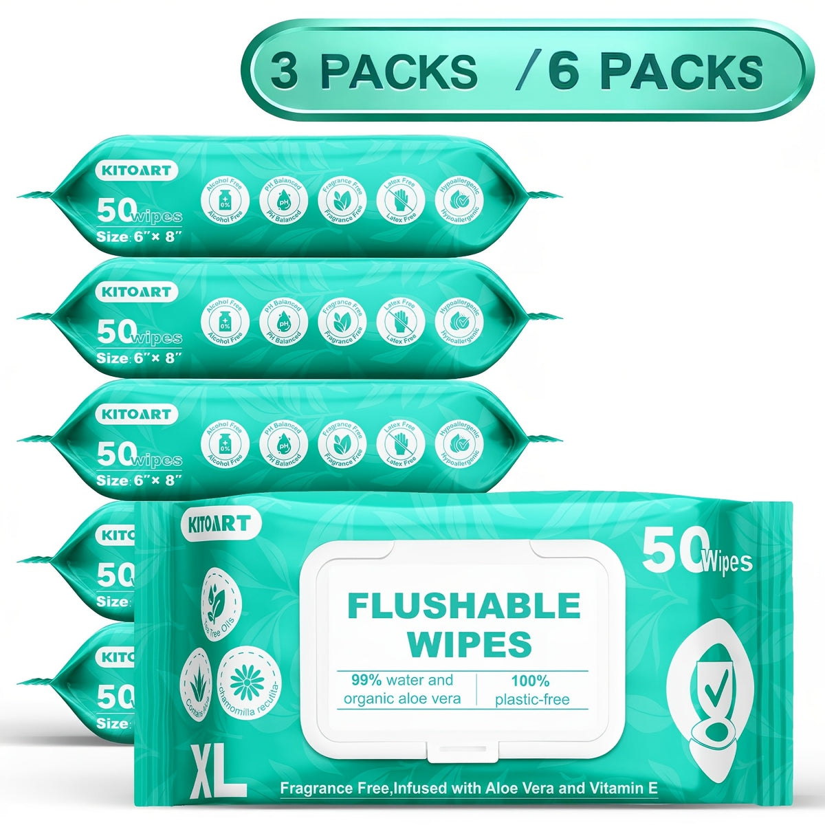 XL Flushable Adult Wet Wipes Unscented Alcohol-Free Septic and Sewer Safe Family Size 3-Pack 150 Wipes and 6-Pack 300 Wipes for Home Bathroom Travel Camping Outdoor Hygiene