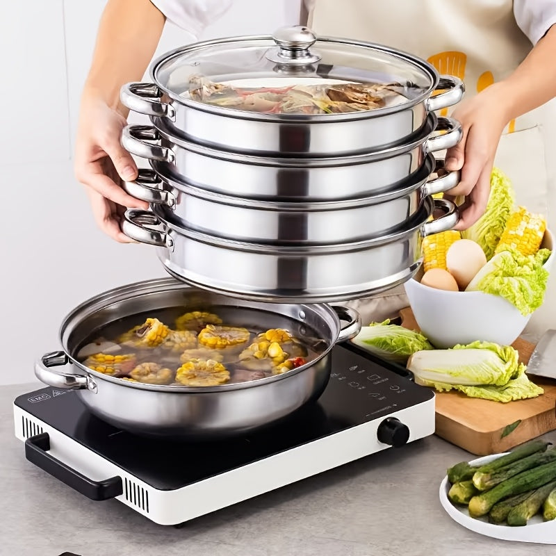 304 Stainless Steel Stackable Steamer Pot with Tempered Glass Lid – 2-Tier or 5-Tier Heavy-Duty Steam Cooker for Dumplings Vegetables Pasta Meat, Home & Commercial