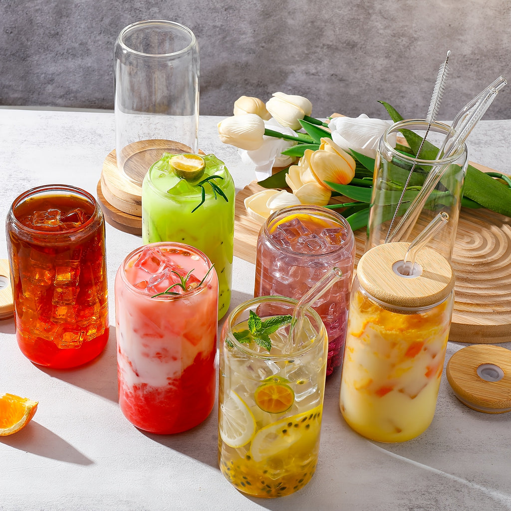 Insulated Drinking Glasses with Lids and Straws 16oz | Reusable Glass Cups Set for Iced Coffee Tea Smoothies Parties