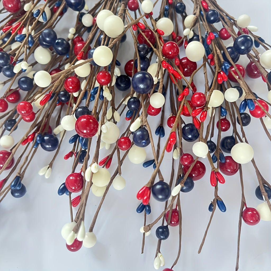 Patriotic Artificial Berry Branches – Set of 5 Red White & Blue Fake Berry Stems for Independence Day, Memorial Day, 4th of July Tabletop & Home Decor, Plastic Floral Picks