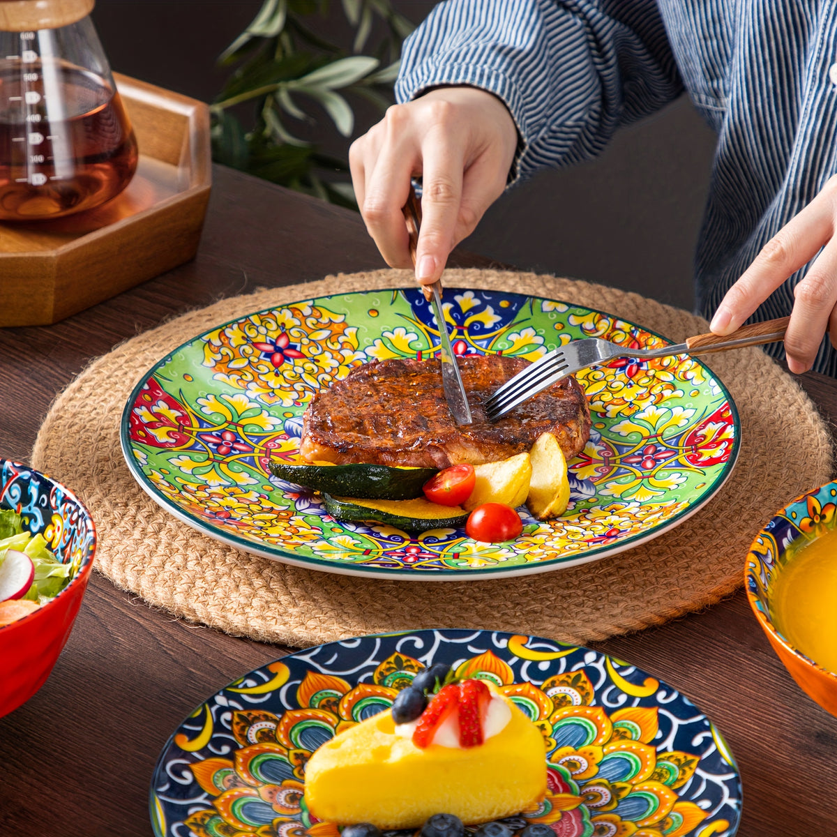 Bohemian Ceramic Dinnerware Set 16 or 24 Piece Stoneware Plates Bowls Tableware Colorful Floral Service for 4 or 6