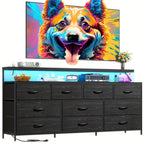 55" Wide Dresser for Bedroom with 10 Drawers, LED Lights & Power Outlets – Long Storage Chest, TV Stand up to 65", Metal Frame + Wood Top, Built-in Charging Station, Tiger Print / Black Wood Grain