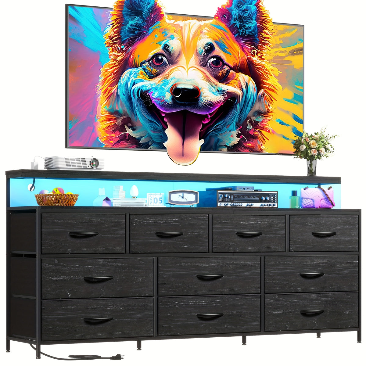 55" Wide Dresser for Bedroom with 10 Drawers, LED Lights & Power Outlets – Long Storage Chest, TV Stand up to 65", Metal Frame + Wood Top, Built-in Charging Station, Tiger Print / Black Wood Grain