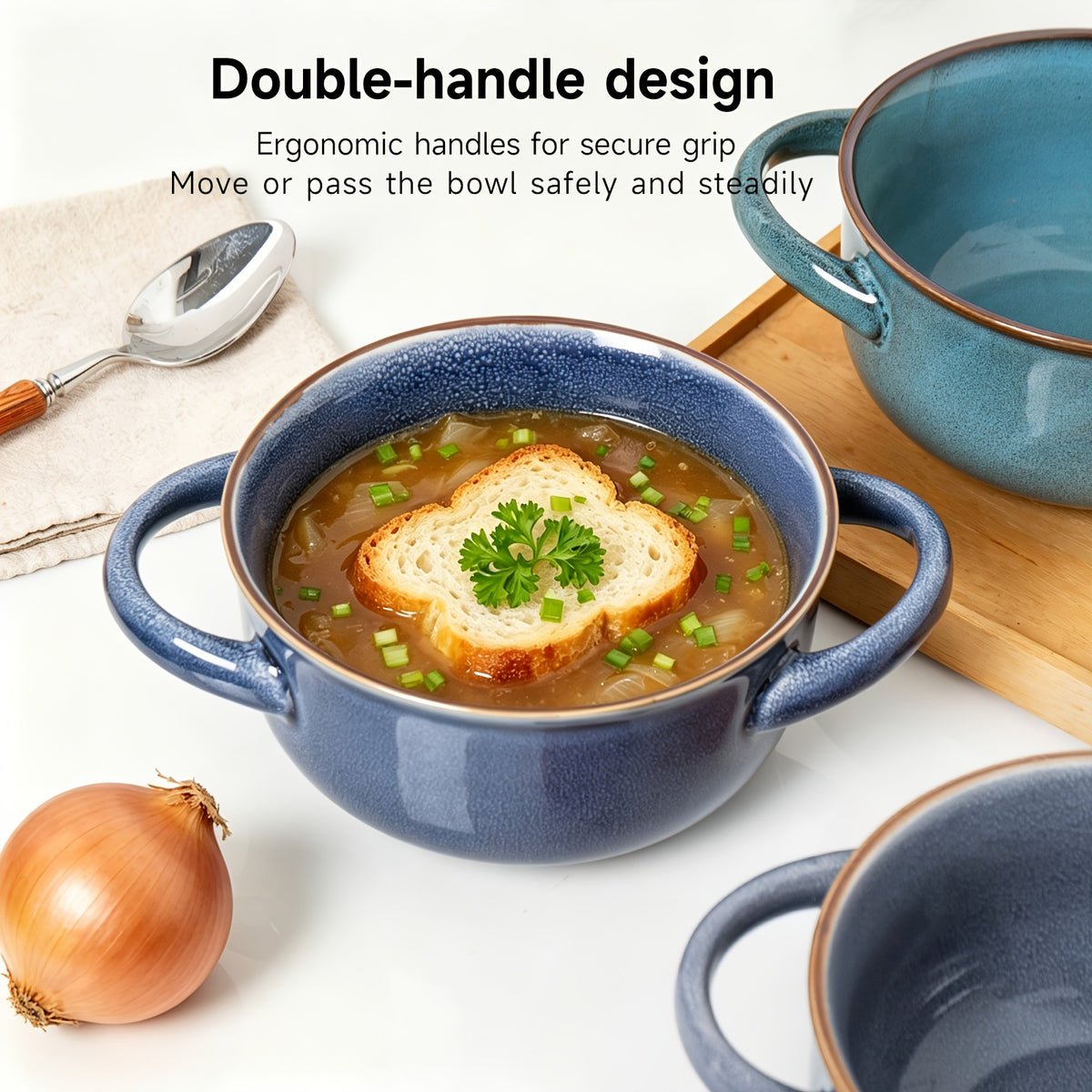 Colorful Ceramic Double-Handled Bowl Set Dopamine Style 28oz Extra-Large – Microwave & Dishwasher Safe for Soup, Salad, Pasta & Ramen – 2 or 4 Piece, Assorted Colors