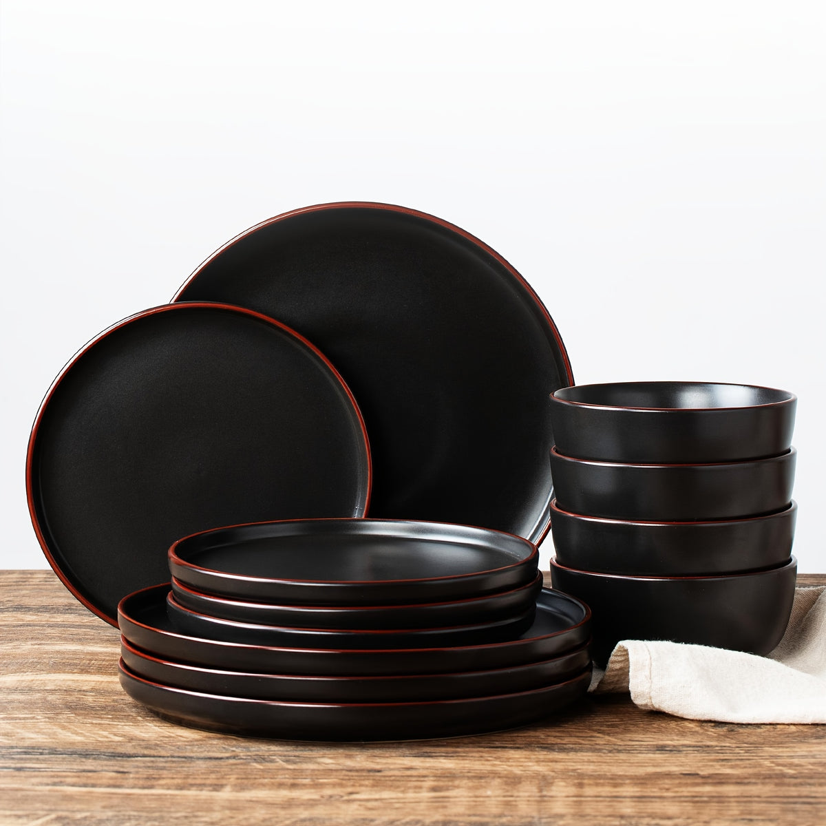 12 Piece Matte Black Stoneware Dinnerware Set Speckled Microwave Dishwasher Safe Dinner Plates Salad Plates Bowls Service for 4