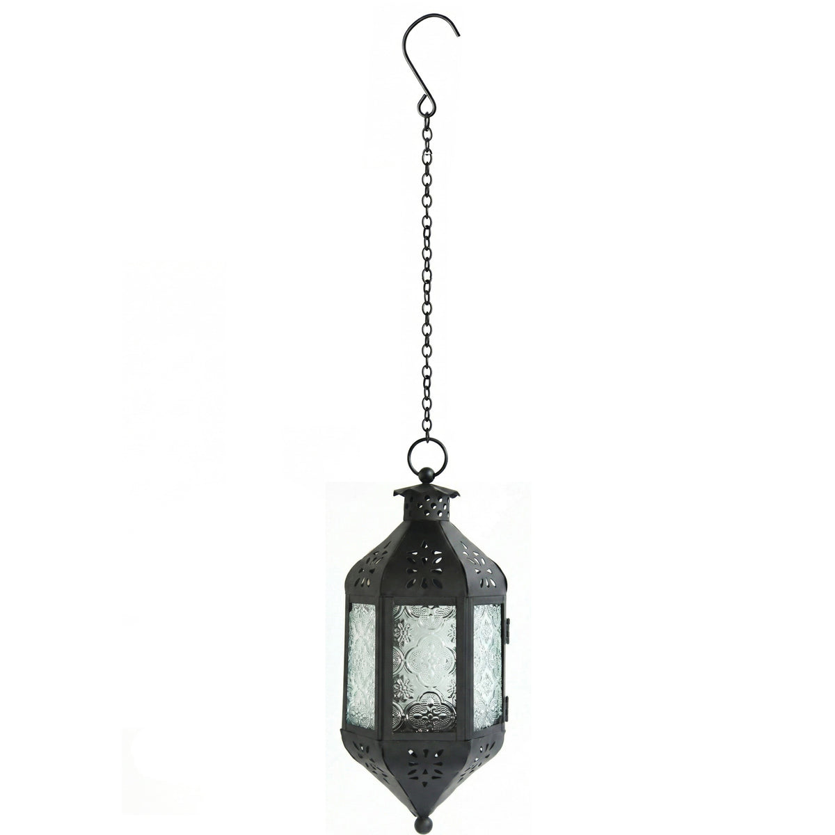 Moroccan Hanging Candle Lantern with Chain – Vintage Boho Style Iron & Glass Tealight Holder for Home, Patio, Garden, Wedding & Ramadan Decor (23.5" Overall)