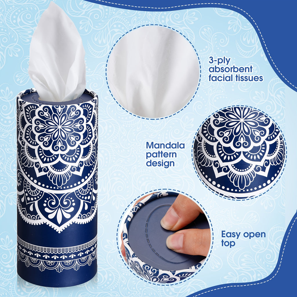 Mandala Round Car Tissue Box Holder 12 Pack, Decorative Cylinder Facial Tissue Container for Car Dashboard & Home, Boho Mandala Pattern Bulk Tissue Dispenser
