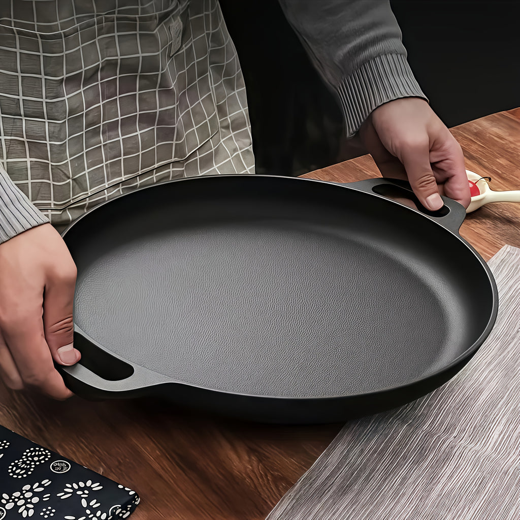 Pre-Seasoned Cast Iron Skillet 14 Inch Dual Loop Handles Nonstick Pizza Pan BBQ Pancake Griddle Oven Stovetop Grill Campfire Safe Even Heating