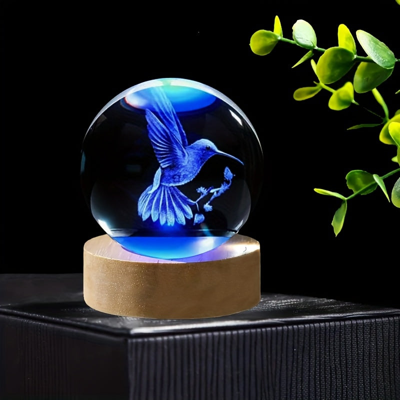 3D Hummingbird Crystal Ball Night Light Colorful LED Wooden Base Laser Engraved Hummingbird Statue Home Office Decor Holiday Gift for Teens Friends
