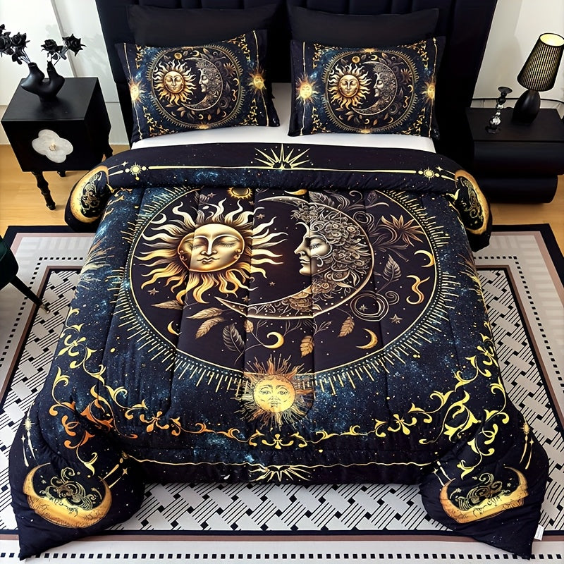 Sun Moon Planet Quilt Set 3 Piece – Golden Celestial Digital Print 180GSM Comforter with 2 Pillowcases, Soft Breathable Bedroom Dorm Decor Bedding King Size