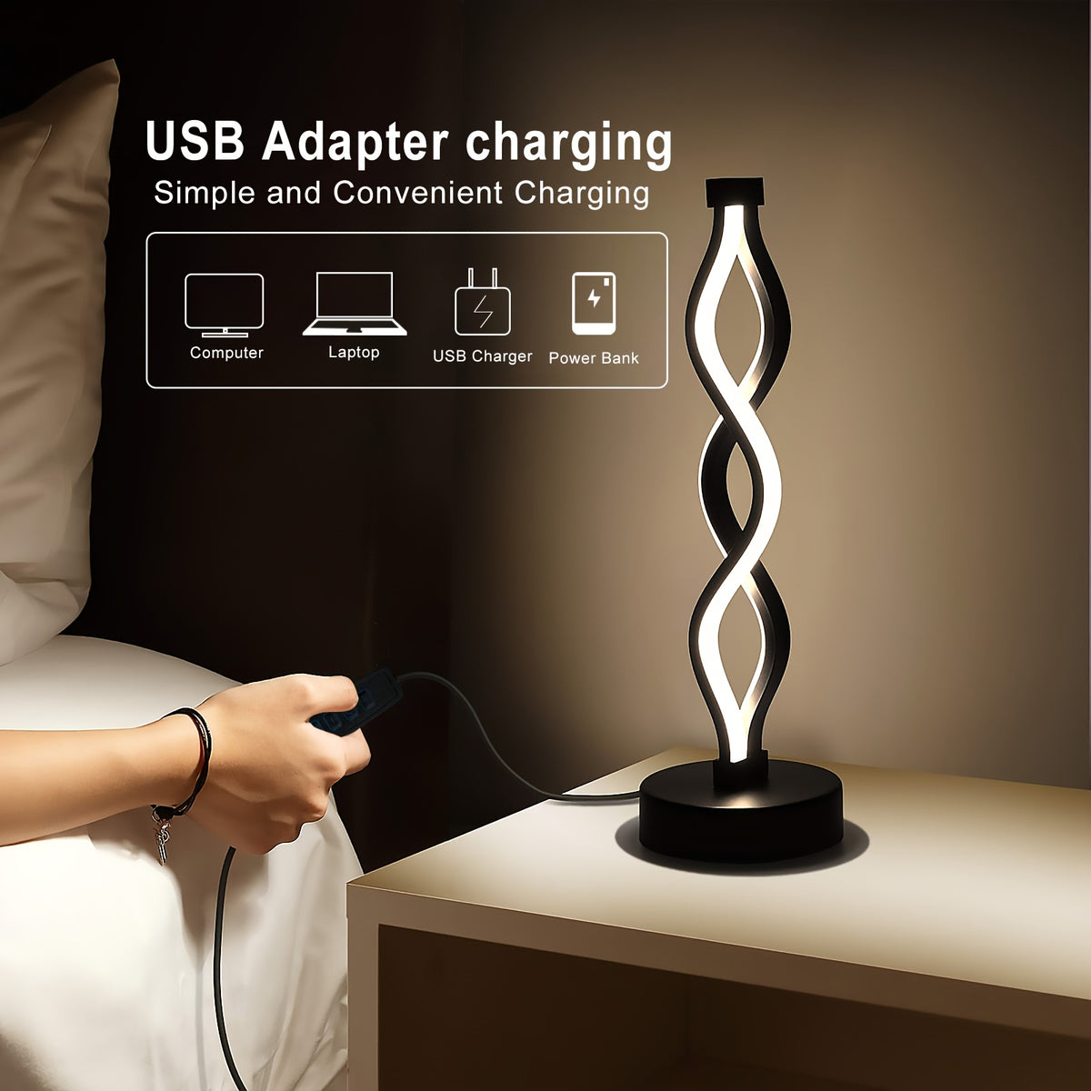 Spiral LED Table Lamp Dimmable 3-Color Modern Minimalist Bedside Lamp - Creative Wave Design Desk Lamp with Metal Base & USB Charging, Small Night Lamp for Bedroom, Living Room, Office & Study
