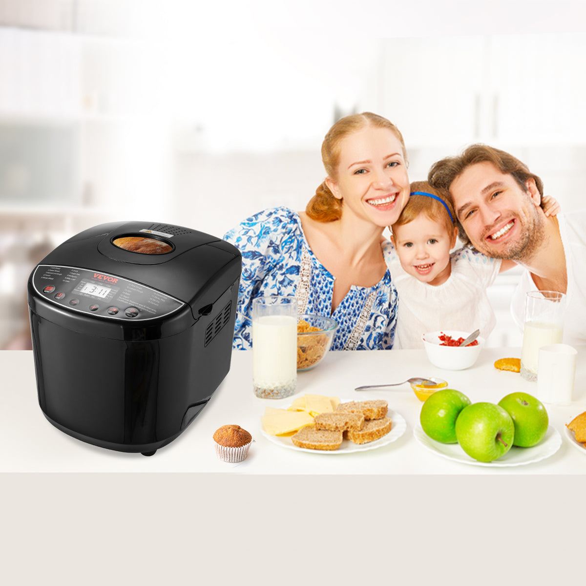 Bread Maker Machine 19-in-1 with Ceramic Non-Stick Pan, 15-Hour Timer, 3 Crust Colors, Auto Keep-Warm – Up to 2 LB Loaf
