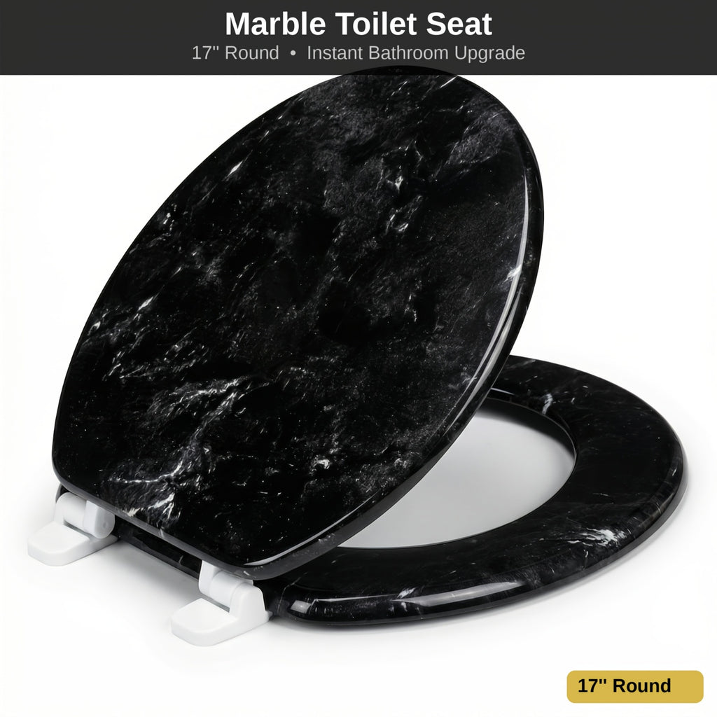 Soft Close Toilet Seat Round Black Marble | Designer Art Toilet Seat with Quick-Release Hinges, Easy Clean, Stylish Bathroom Upgrade