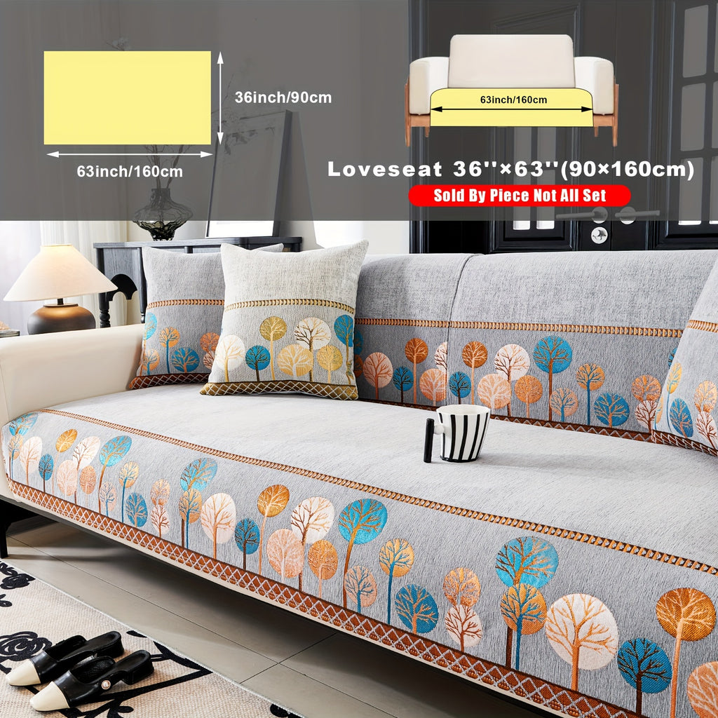 Bohemian Chenille Sofa Cover Tree Embroidery Print Thick Non-Slip Pet Friendly One-Piece Couch Protector Armchair Loveseat 3 4 Seater