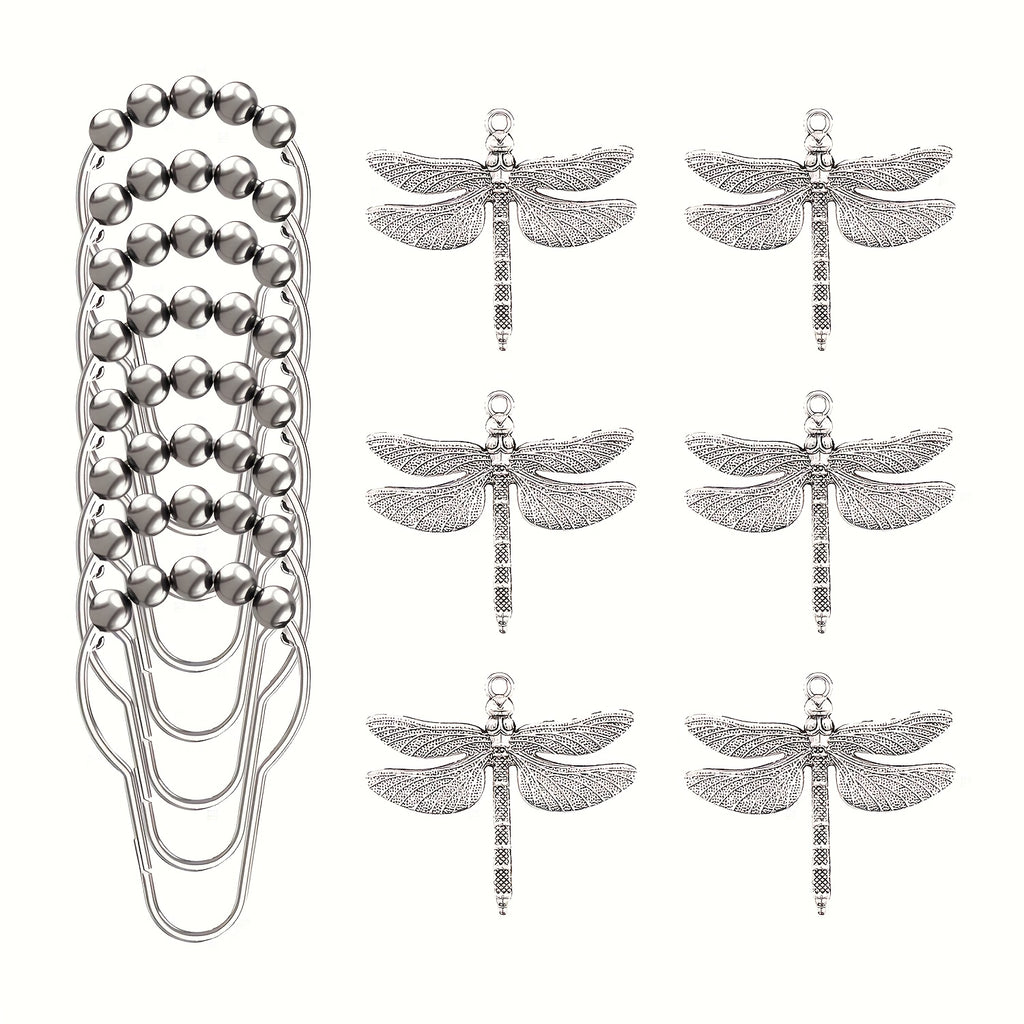 Dragonfly Shower Curtain Hooks Set of 12 – Decorative Metal Anti-Rust Spring Insect Theme Ball Sliding Easy Install Bathroom Rings, Silver or Black