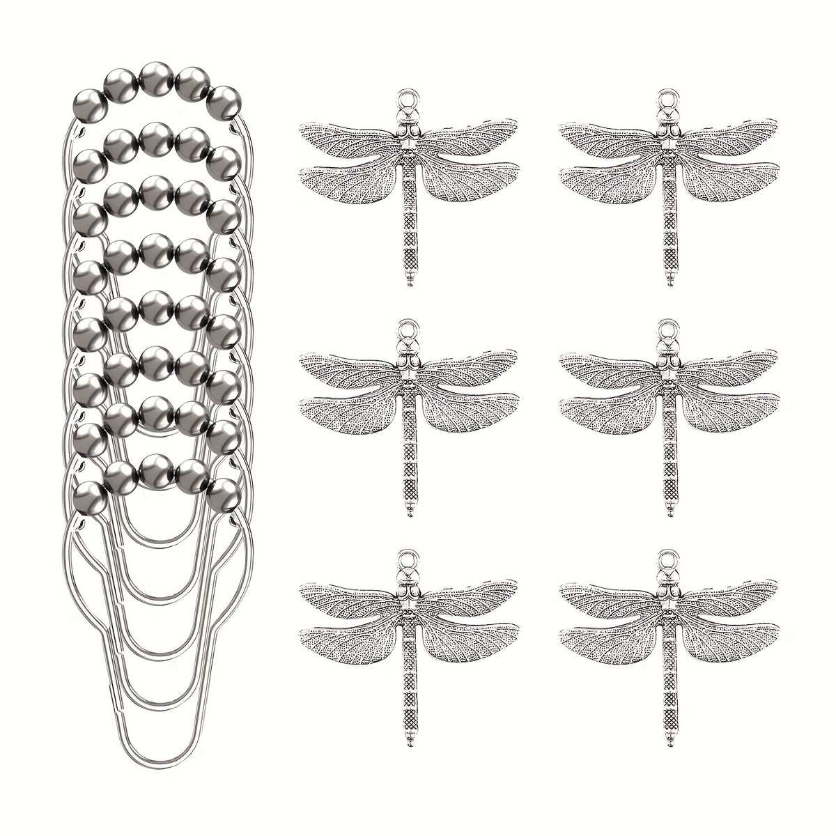 Dragonfly Shower Curtain Hooks Set of 12 – Decorative Metal Anti-Rust Spring Insect Theme Ball Sliding Easy Install Bathroom Rings, Silver or Black